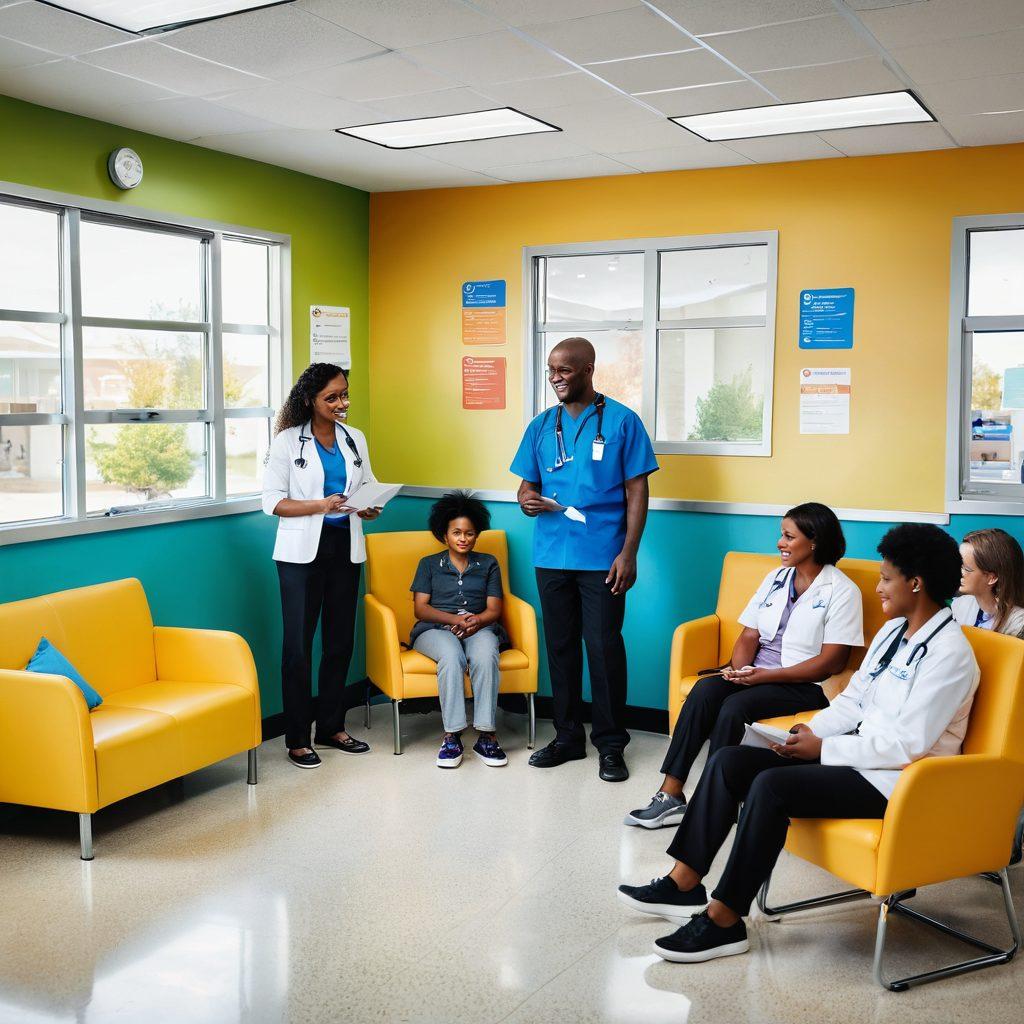 An inviting scene showcasing a diverse group of people at a community clinic, engaging with friendly healthcare professionals. Highlight elements like a welcoming reception area, informative brochures on health services, and smiley faces of families receiving care. Emphasize the theme of accessibility and community support in healthcare. vibrant colors. super-realistic.