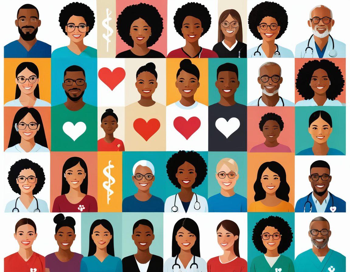 A vibrant collage of diverse people engaged in various health activities, such as visiting a clinic, learning with a healthcare professional, and participating in a community wellness event. Incorporate symbols of affordability, like a check mark or a heart shape made of dollar signs. Consider a warm, uplifting color palette to convey positivity and empowerment in health journeys. super-realistic. vibrant colors. white background.