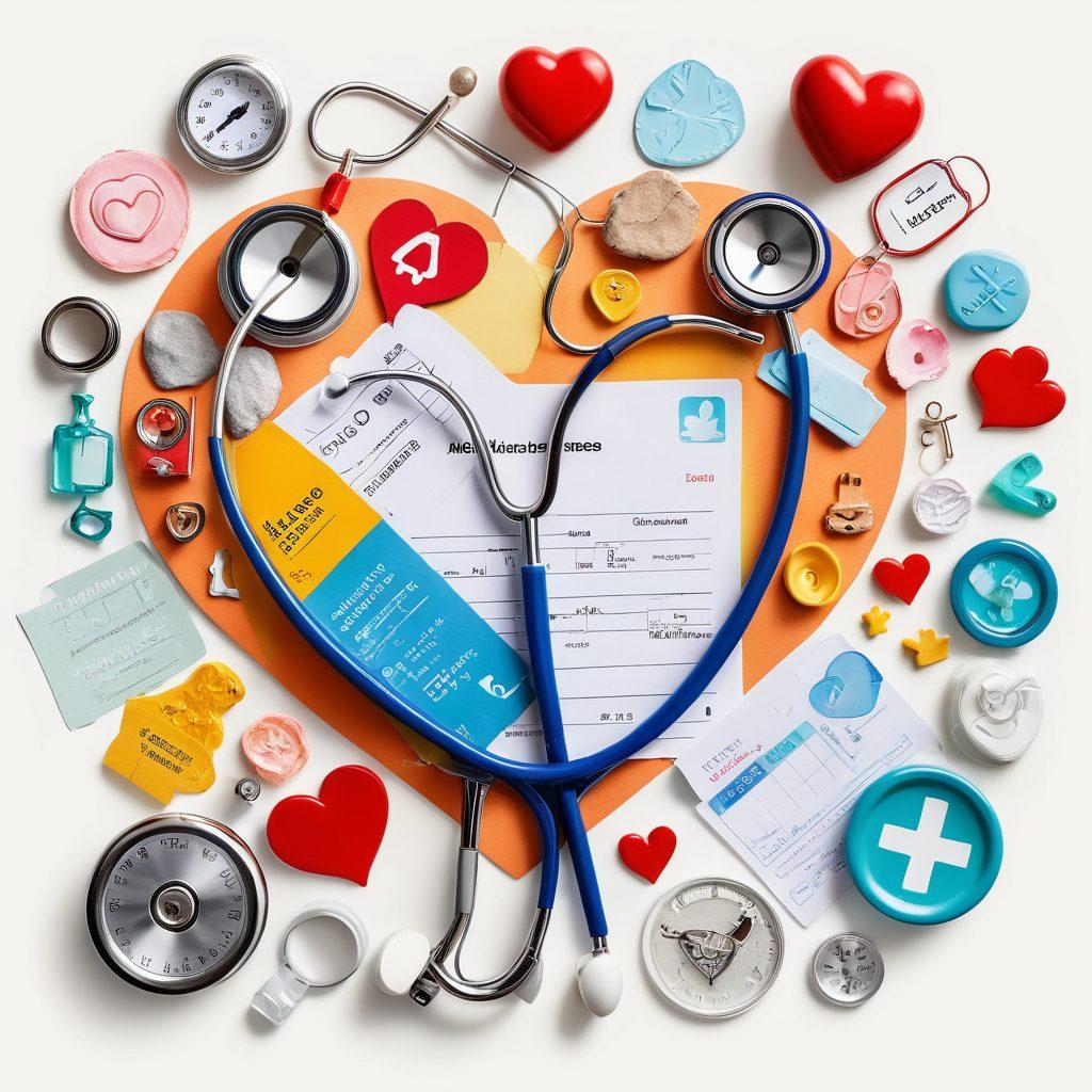 A vibrant collage of diverse healthcare symbols and resources, featuring images of a stethoscope, a heart, and a medical bill with price tags. Include a family happily engaging in outdoor activities, representing wellness and happiness. Use soothing colors to evoke feelings of warmth and trust. super-realistic. vibrant colors. white background.